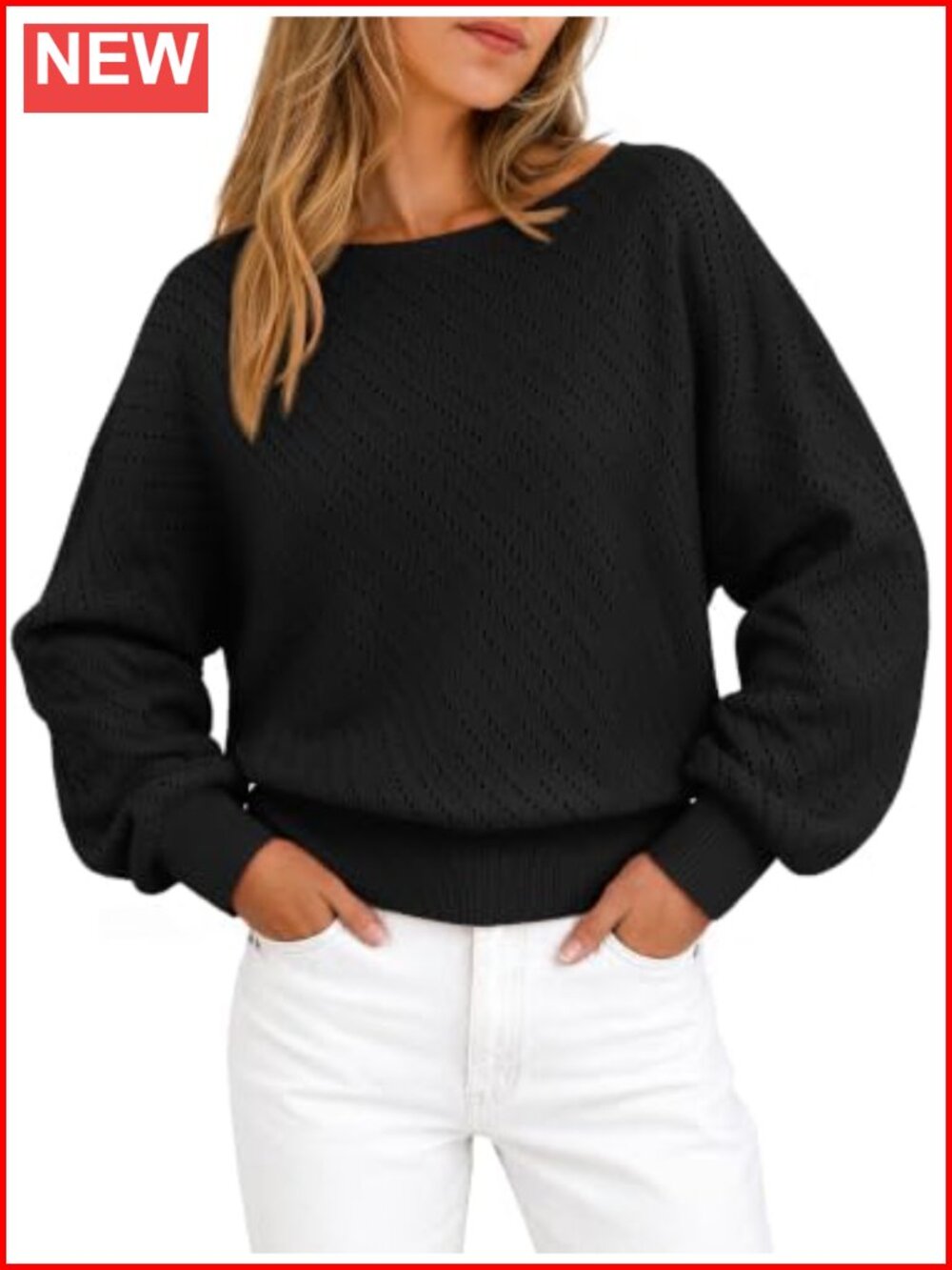 Womens Long Sleeve Boat Neck Knit Sweater Pointelle Pullover
